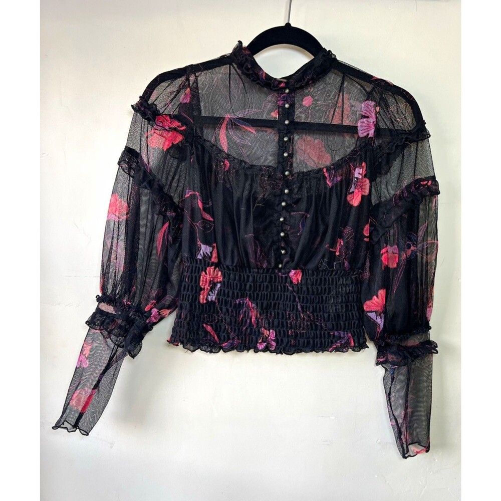 Free People Sheer Black Mesh Floral Mock Neck Long Sleeve Button Blouse S